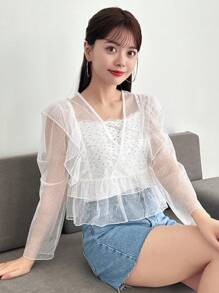 FRIFUL 女款v領荷葉邊透視時尚上衣,適合多種穿搭風格 - 白色 - 查看 6