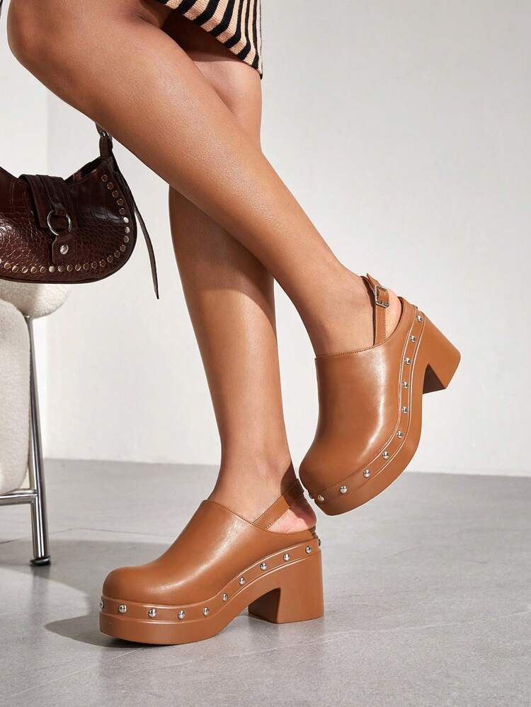 Zapatos de mujer con detalle de tachuelas, de punta cerrada, de plataforma, marrón, tipo slingback, para el verano, de vacaciones, en de verano, con estilo bohemio, vintage, cottage core, frenchy, para el Día de San Valentín, Navidad, Año Nuevo y otras festividades