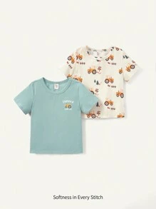 Cozy Pixies 2入組寶寶男童針織柔軟休閒基礎款圓領短袖套頭上衣 - 綠色 - 查看 1