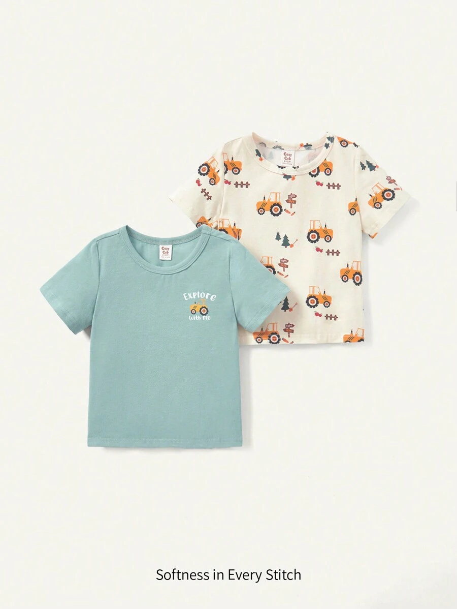 Cozy Pixies 2入組寶寶男童針織柔軟休閒基礎款圓領短袖套頭上衣 - 綠色 - 查看 1