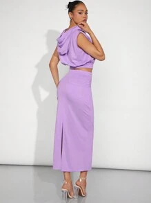 SHEIN Haute 3D 玫瑰连帽短款上衣和裙子套装 - 紫色 - 查看 2