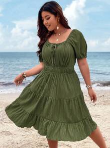 Breezaya Plus Size Summer Holiday Solid Textured Waist-Cinching Dress