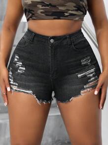 SHEIN SXY Pantalones Cortos De Mezclilla Con Detalle Rasgado, Elásticos, De Talle Alto Y Talla Grande Para Mujer