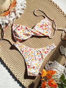 SHEIN Swim Summer Women's Floral Printed Bikini Set With Spaghetti Straps, Back Ties And Separated Design