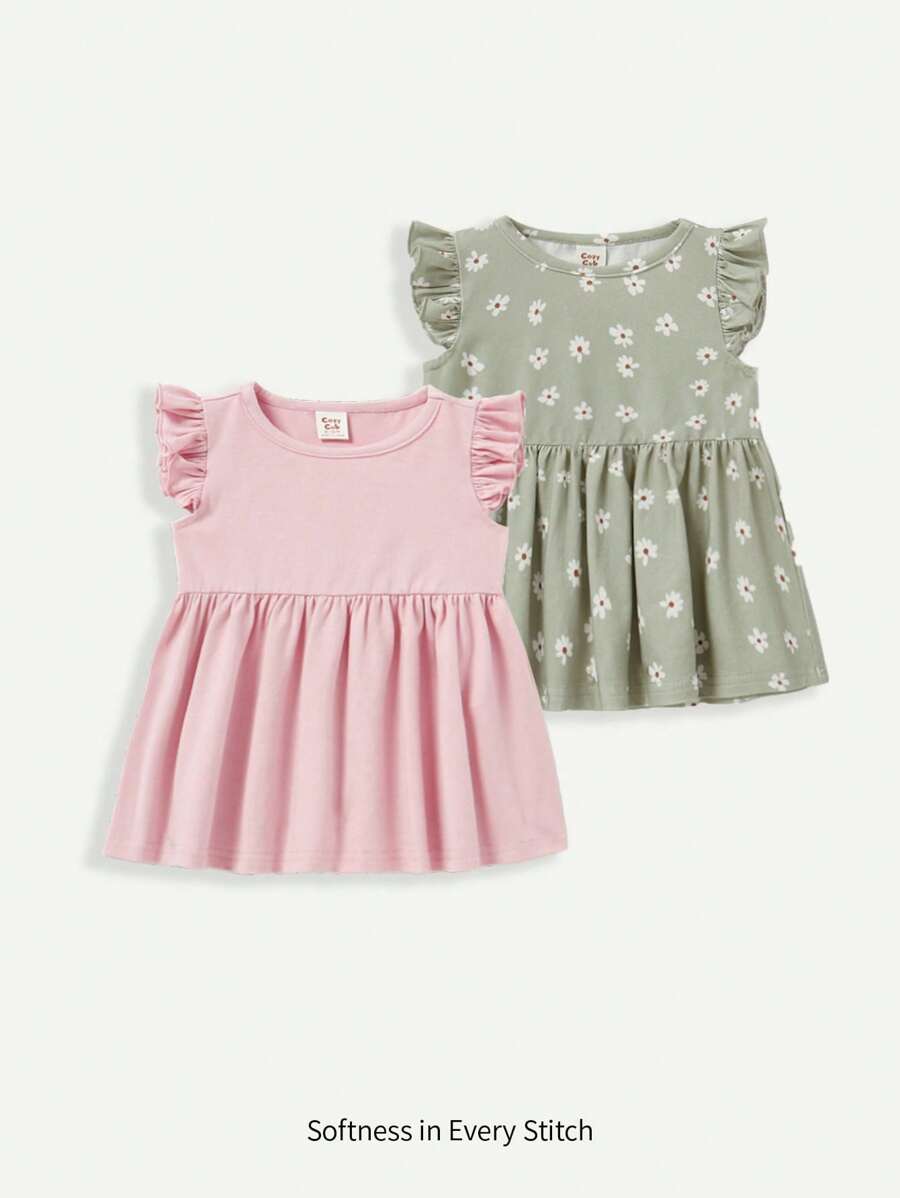 花紋實色圓領連身裙配彈性腰帶呢褲，帶流蘇邊，寶寶女孩兩件套裝 - 彩色 - 查看 1