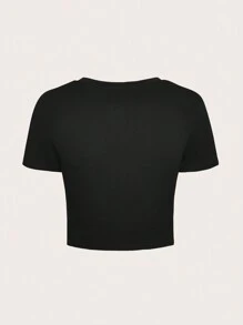 SHEIN EZwear Camiseta Con Patrón De Corazón Y Letras Impresas De Manga Corta Con Cuello Redondo Para Llevar Casual En Verano - Negro - Ver 2