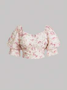 SHEIN MOD Plus Size Floral Print Puff Sleeve Fashion Top And Skirt Set - Multicolor - View 4
