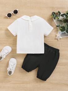 SHEIN Baby Boys' Peter Pan Collar Decor Buttoned Top And Solid Color Shorts 2pcs Set Suitable For Summer