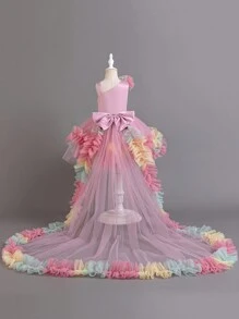 SHEIN Glamorique Kids Baby Girl 3d Flower & Butterfly Decorated Contrast Color Mesh Puffy Tail Party Dress - Pink - View 2