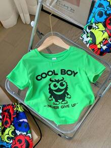 SHEIN 少年3入組/套休閒可愛運動卡通怪獸印花寬鬆圓領短袖t恤、運動短褲和繩口卡通背包,適用於春夏校園、街頭、派對和日常穿著 - 彩色 - 查看 4