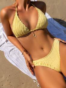Swim Mod Women's Summer Beach Holiday Solid Color Textured Bikini Set