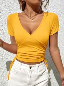 SHEIN Essnce Knitted Solid Color V-Neck Side Drawstring Crop Top, Summer Casual Wear - Yellow - View 3