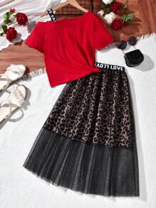 Tween 女童豹纹不对称领口上衣和网眼裙套装 - 紅色 - 查看 2