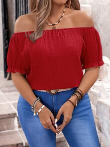 Calvaya Plus Size Women's Off Shoulder Solid Color Simple Shirt For New Year Clothes - Red - View 3