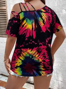 LONESS Plus Size Boho Tie Dye Asymmetric Neckline T-Shirt For Summer Graphic Tees Women Tops