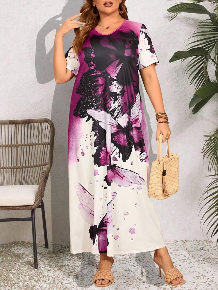 Plus Size Butterfly Printed V-Neck Short Sleeve Dress