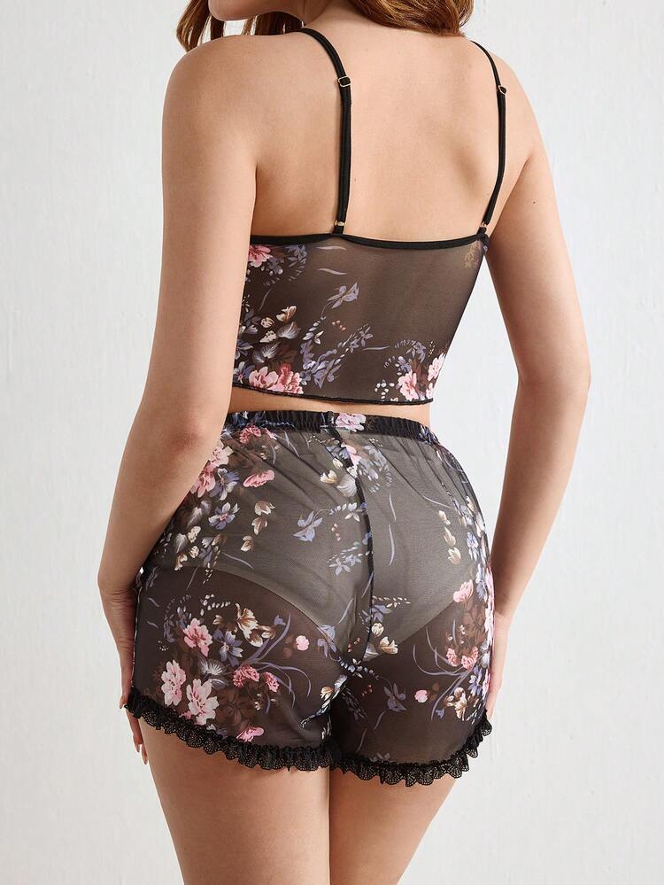 Women's Flower Print Semi-Transparent Lace Decorated Pajamas Set