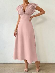 Chiquease Women's Summer Solid Color Lace Patchwork Empire Waist Dress - Pink - View 3