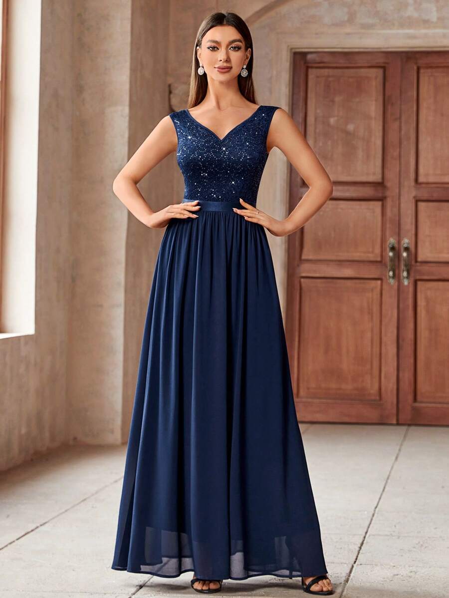 MIUSOL Elegant Navy Blue V-Neck Sleeveless Sequin Insert Floral Lace Chiffon Maxi A-Line Dress, Pleated Flowy Formal Gown For Evening Party, Wedding Guest, Prom - 藏蓝色 - 查看 1