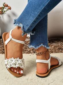 Sandalias planas de playa con banda elástica cómoda y bordada, de talla grande para mujer - Blanco - Ver 6