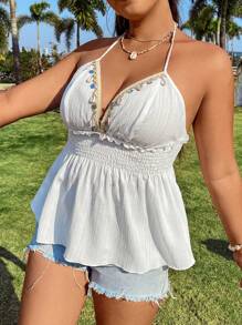 POPSWAY Große Größen Boho Top mit Muschelverzierung und gerafftem Halskrausenkragen, für den Sommer