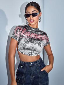 SHEIN BAE Speckled Distressed Tie-Dye Letter Print Sexy Backless Y2k Fitted Tee, Suitable For Summer Outing, Women T-Shirt