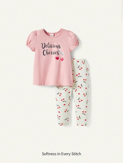 Cozy Pixies Baby Girl Letter Pattern Round Neck Short Sleeve Top And Footprint Cherry Print Pants 2pcs Outfit