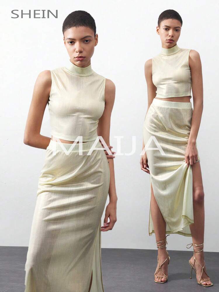 SHEIN Maija 여성용 유행하는 단색 무소매 상의와 스커트 세트