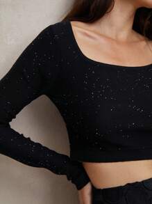 Anewsta 實心針織短款貼身長袖t卹展現纖體 - 黑色 - 查看 2