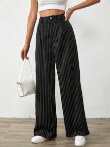 SHEIN Tall 彈性垂直條紋休閒直筒褲,適用於春季/夏季 - 黑色 - 查看 5