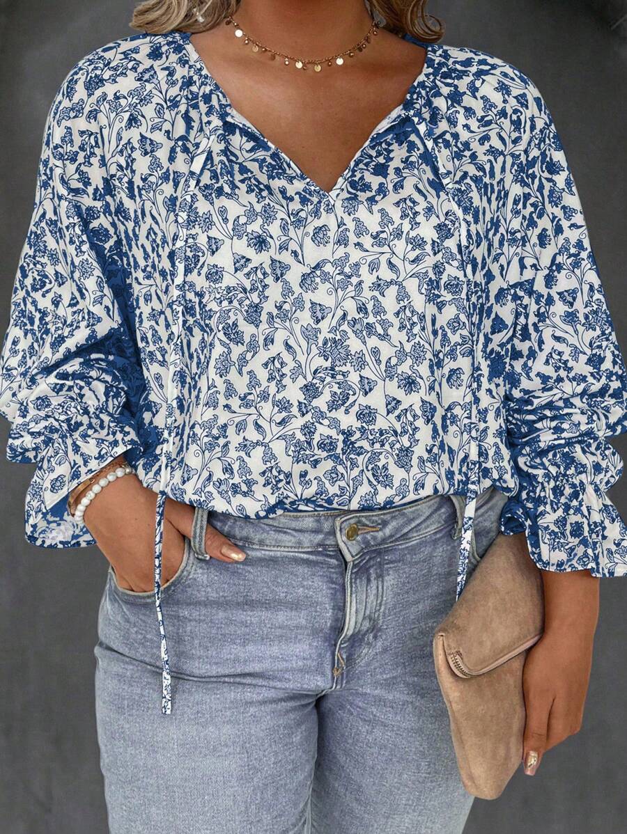 EMERY ROSE Women's Plus Size Floral Print Tie Front Collared Shirt Fall Cloth For Women - Navy Blue - View 1
