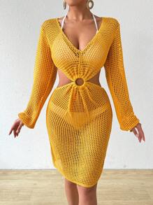 SHEIN Swim Vacation Solid Color Hollow Out Knit Cover Up Summer
