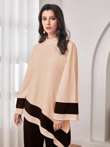 Modelyn Colorblock Asymmetrical Hem Top & Wide Leg Pants - Coffee Brown - View 5