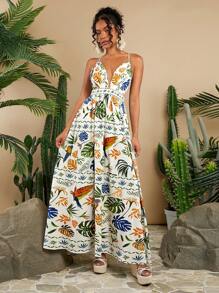 Travachic Beach Style Spring Holiday Summer Woven Halter Backless Long Women's White Dress, Tropical Vacation, Bohemian Outfits, Ibiza Outfits, Western Style - Multicolor - View 4