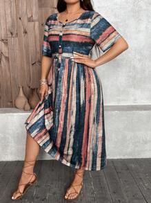 SHEIN LUNE Kích thước lớn Retro Mẫu sọc Ngắn tay Nút Lên Trang trí Mùa hè Đầm - Nhiều màu - Xem 5
