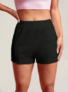 SHEIN PETITE 女性夏季純色修身短褲 - 黑色 - 查看 6