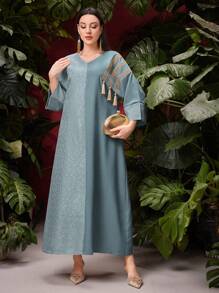 Al Najma Jacquard V-Neck Fringed Dress, Perfect For Summer, Modest Kaftan - Grey - View 8