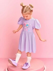HELLO KITTY AND FRIENDS | SHEIN Young Girl's Casual Cute Heart & Cartoon Character Print Puff Sleeve A-Line Dress,Kids Party Dress,Little Twin Stars - Purple - View 4
