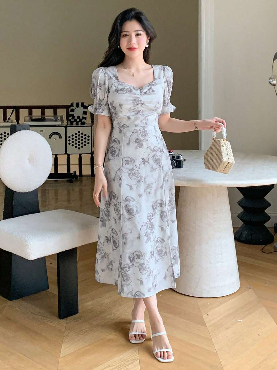 DAZY 女士夏季假期風格花卉印花甜心領襯裙長裙 - 灰色 - 查看 1