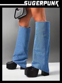 Sugerpunk Women Slip On Square Toe Platform Classic Boots, Fashionable Outdoor Denim Boots