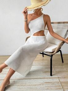 SHEIN Swim Summer Beach Women Hollow Out Waist-Baring Off Shoulder Solid Knitted Cover Up