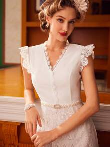 Vintamour Abito Stretto Vintage Elegante Da Donna Con Pizzo Floreale Solubile In Acqua, Manica A Cuffia, Abito Estivo Per La Festa Della Mamma, Abiti Da Donna Per Concerti, Matrimoni Ospiti, Abito Estivo Bianco Con Pizzo, Vestito Corto Formale Bianco Aderente, Abiti Da Laurea, Vestito Per Insegnanti, Perline Vita Vestito Estivo Abito Per Insegnanti Abiti Da Concerto Vestito Aderente Bianco Elegante - Bianco - Visualizzare 8