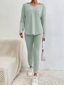 SHEIN Cottnline Casual Spring Hooded Sweater And Skinny Pants Set - Mint Green - View 3