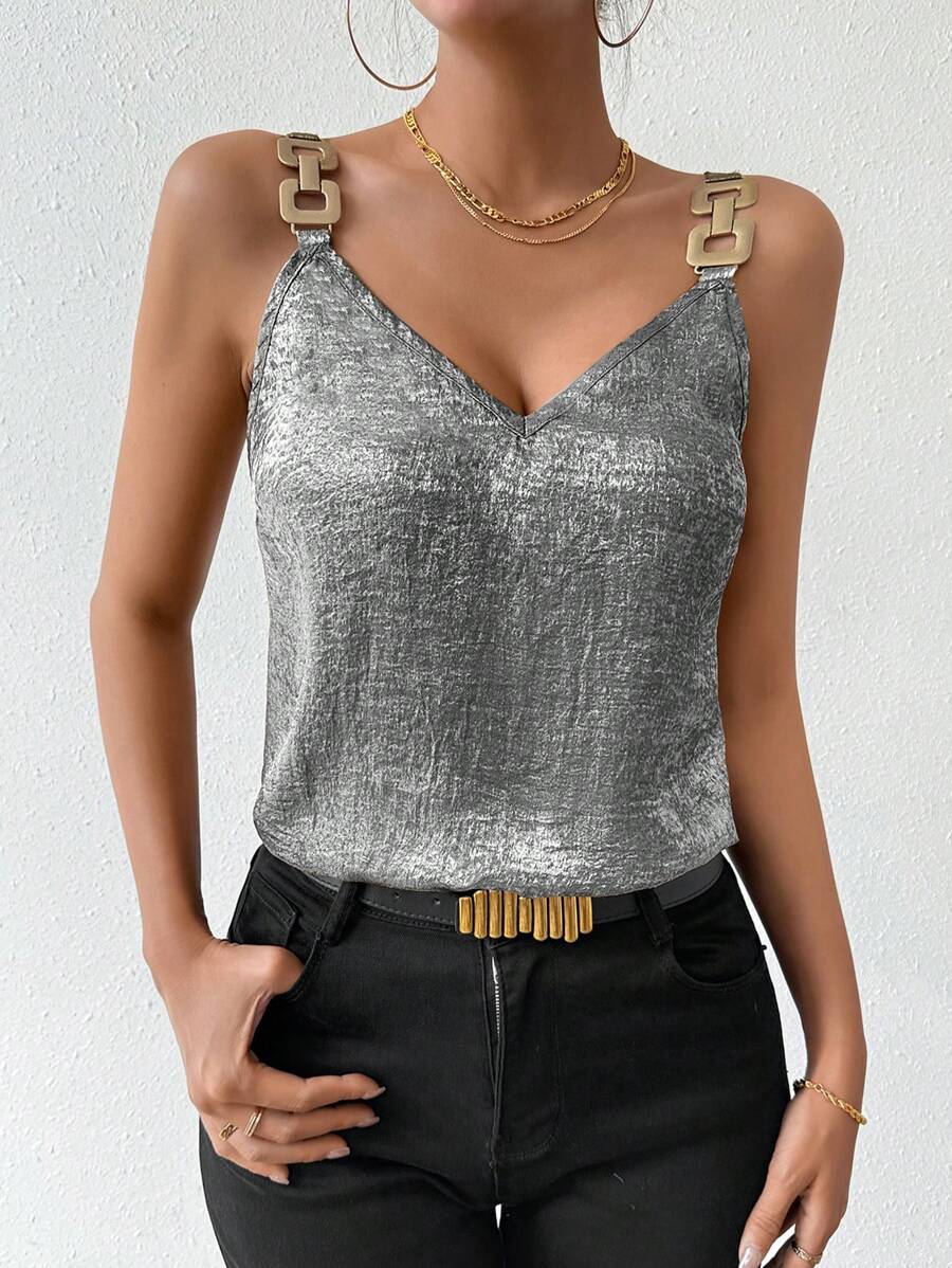SHEIN LUNE Summer Metal Decorative Buckle Strap Camisole - Black - View 1
