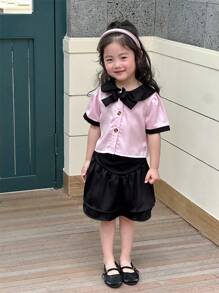 Conjunto de blusa de manga curta com laço e saia preta para meninas, colorblock, para o verão