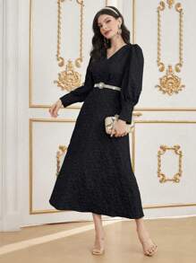 Modelyn Women's Spring/Autumn Solid Color Jacquard Bubble Sleeve Dress