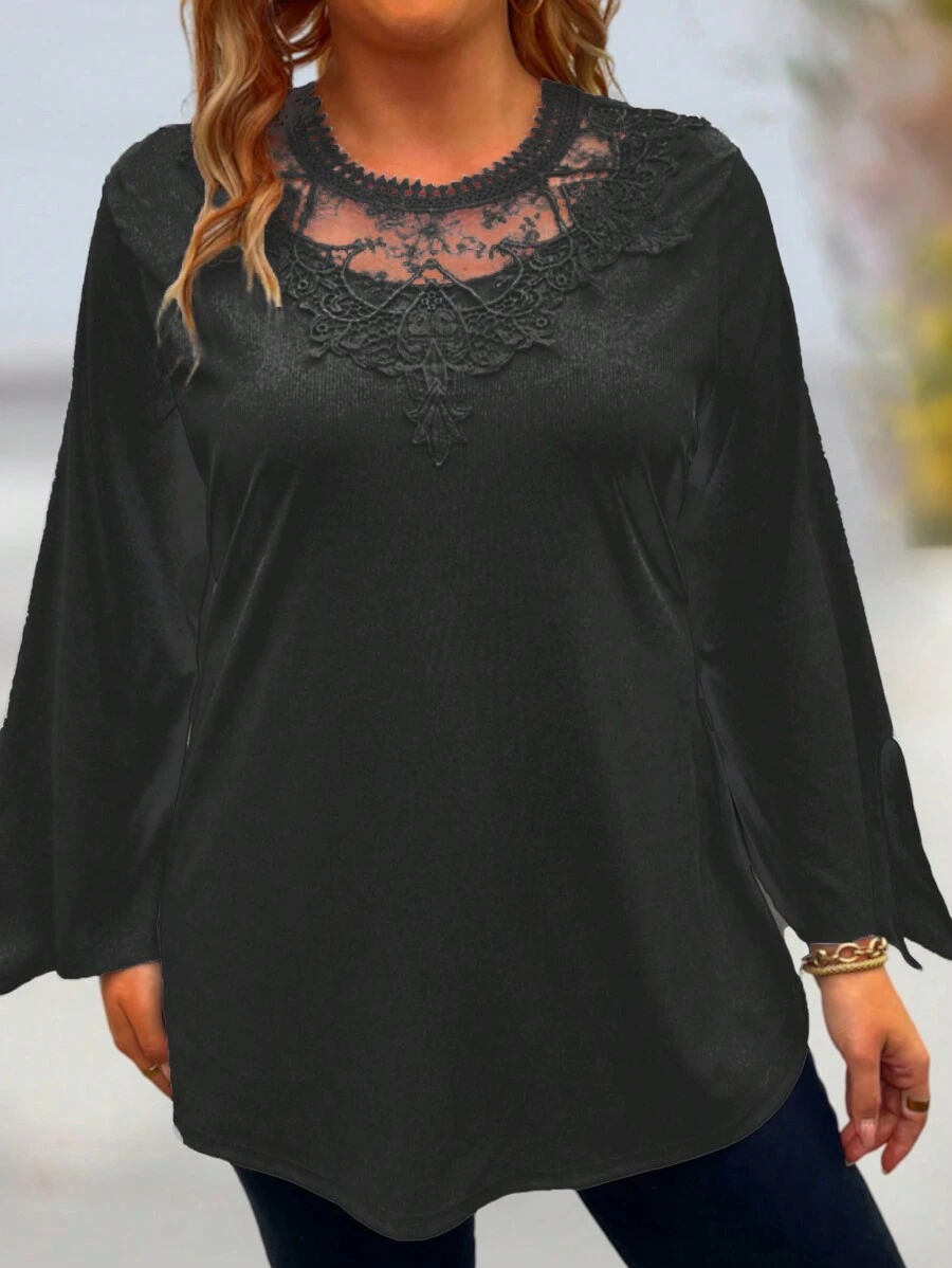 SHEIN LUNE Plus Embroidered Mesh Panel Flare Sleeve Tee - Black - View 1