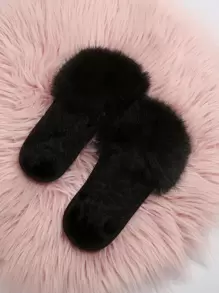 Fall/Winter Fashionable Women's Comfortable And Beautiful Open-Toe Flat Black House Slippers For Spring And Autumn,Fluffy Slippers - Black - View 4