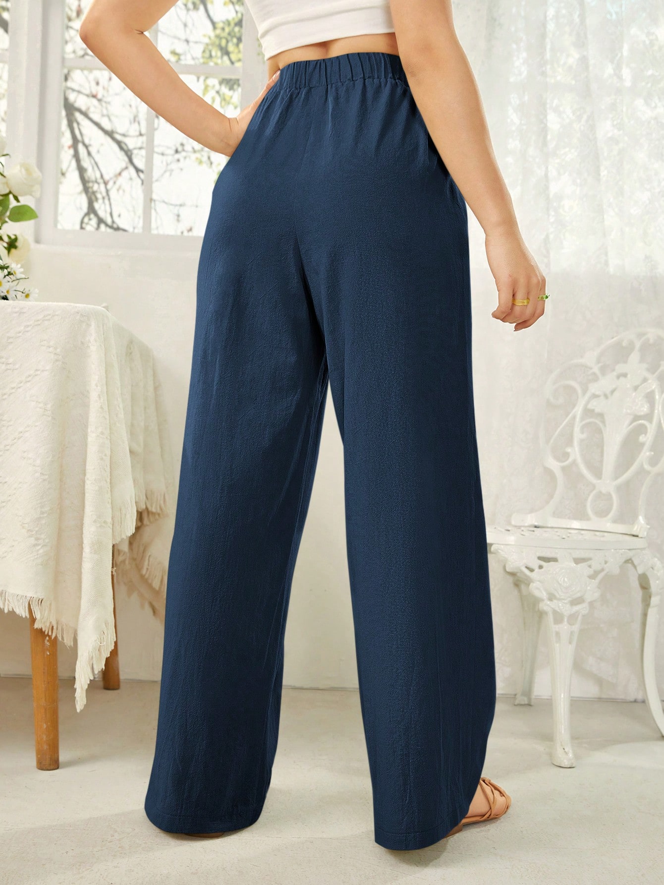 SHEIN Essnce بنطلونات نسائية ذات لون أحادي بخصر مط...