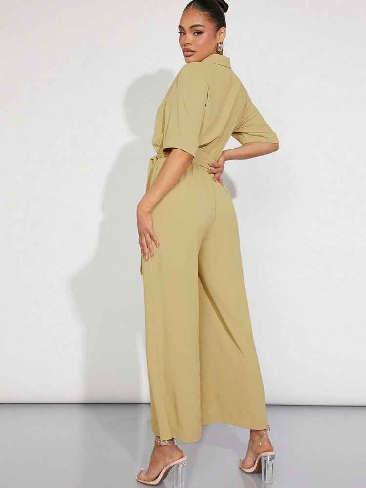 Solid Zip Front Belted Wide Leg Jumpsuit